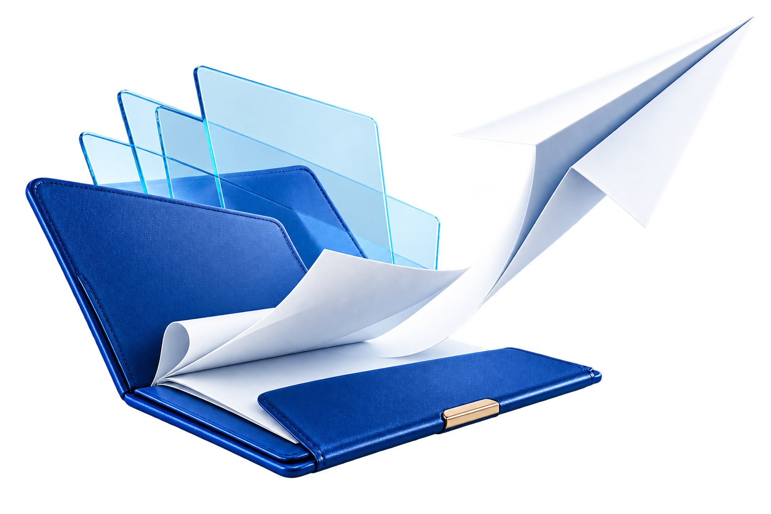 Carpeta azul abierta de la que sale un avión de papel