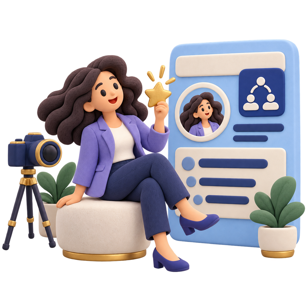 Personaje de plastilina junto a un perfil profesional, una cámara y una estrella dorada