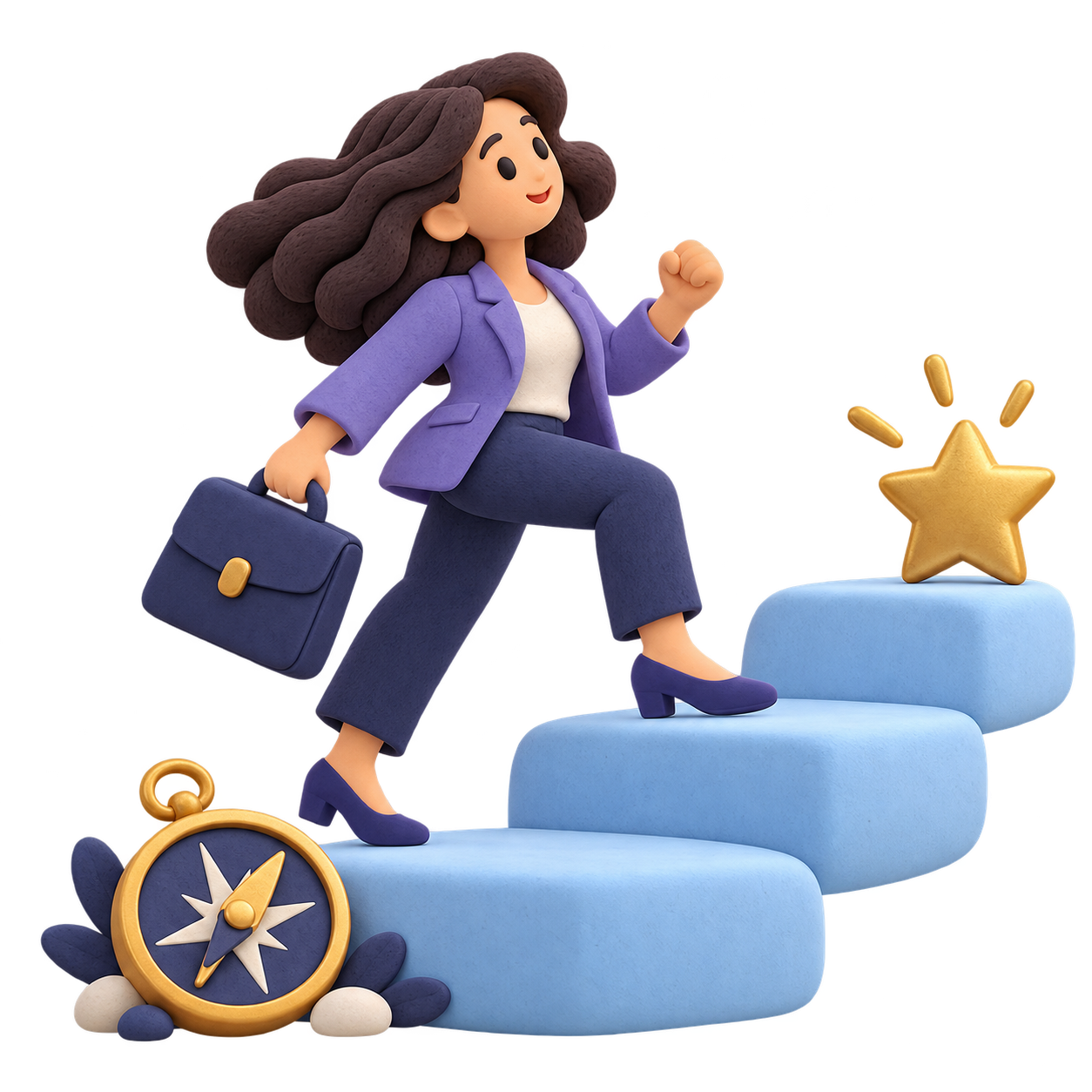 Personaje de plastilina subiendo escalones azules hacia una estrella dorada