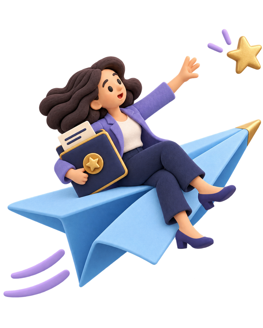 Personaje de Selection GO en un avión de papel con un portafolio y una estrella dorada