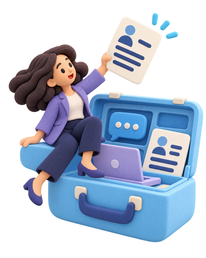 Personaje de Selection GO con un maletín de herramientas para la empleabilidad